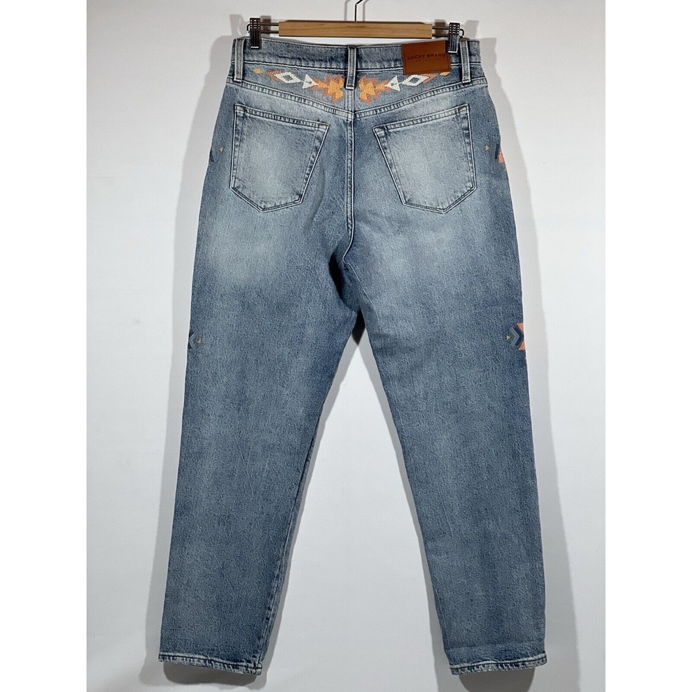 Lucky Brand Drew Mom Jeans Womens 8 29 Blue Denim High Rise Embroidered Retro - Picture 12 of 16